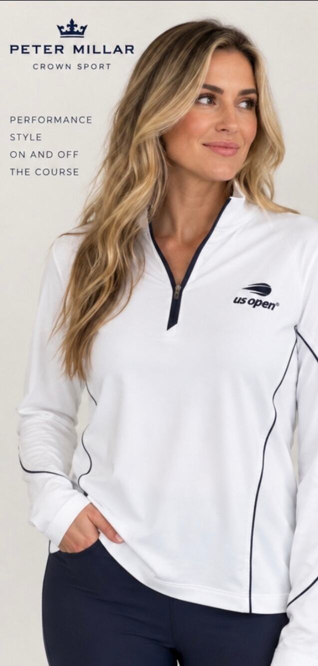 Peter Millar US Open Quarter Zip Pullover White Navy Size M UPF 50+